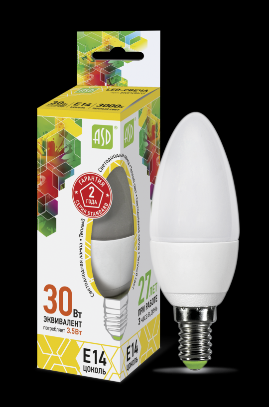 Лампа светодиодная LED-СВЕЧА-standard 3.5Вт 230В Е14 3000К 320Лм ASD