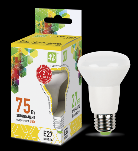 Лампа светодиодная LED-R63-standard 8Вт 230В Е27 3000К 720Лм ASD