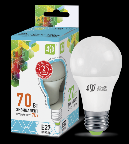Лампа светодиодная LED-A60-standard 7Вт 230В Е27 4000К 630Лм ASD