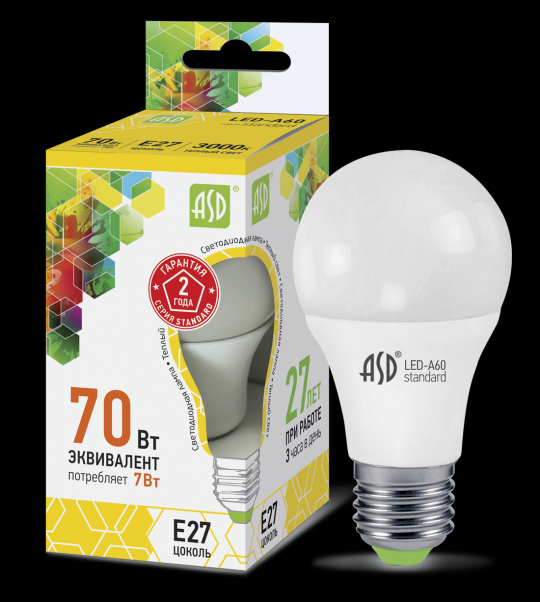 Лампа светодиодная LED-A60-standard 7Вт 230В Е27 3000К 630Лм ASD