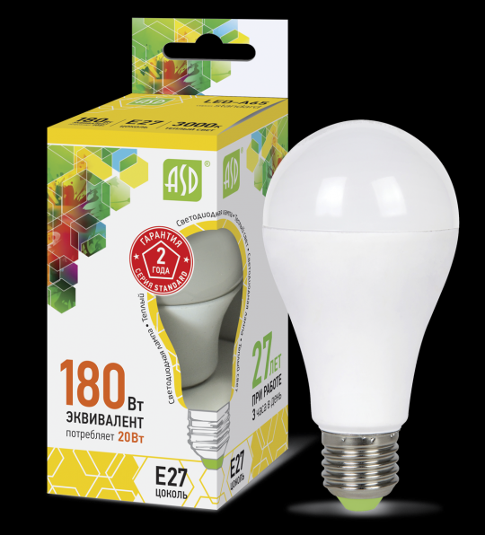 Лампа светодиодная LED-A60-standard 20Вт 230В Е27 3000К 1800Лм ASD