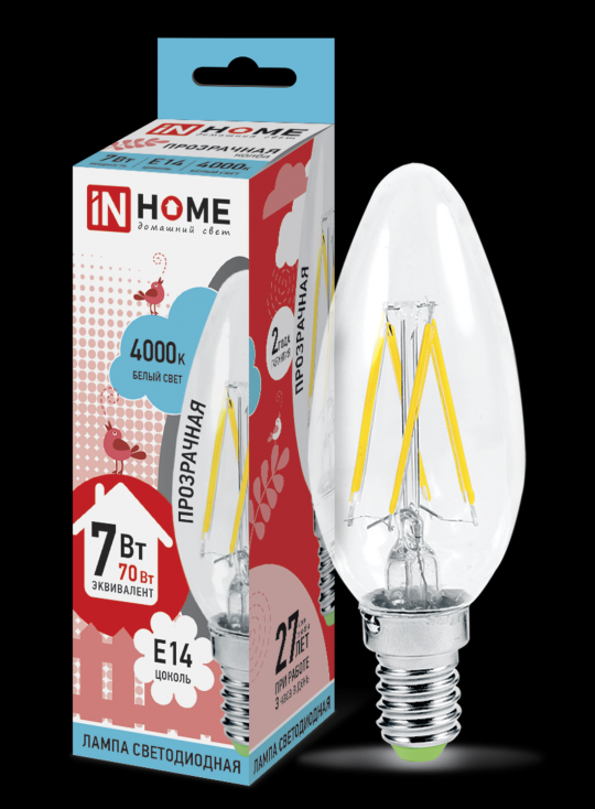 Лампа светодиодная LED-СВЕЧА-deco 7Вт 230В Е14 4000К 810Лм прозрачная IN HOME