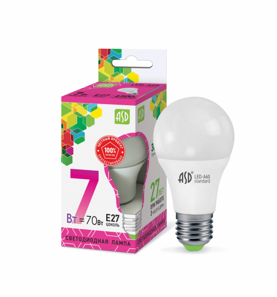 Лампа светодиодная LED-A60-standard 7Вт 230В Е27 6500К 630Лм ASD