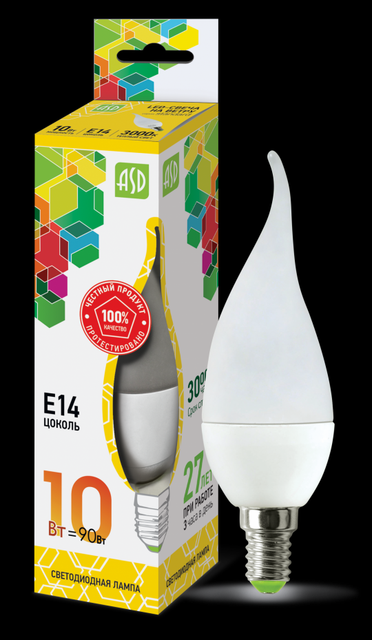 Лампа светодиодная LED-СВЕЧА НА ВЕТРУ-standard 10Вт 230В Е14 3000К 900Лм ASD