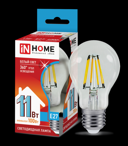 Лампа светодиодная LED-A60-deco 11Вт 230В Е27 4000К 1160Лм прозрачная IN HOME