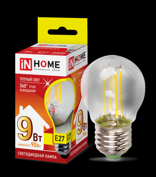 Лампа светодиодная LED-ШАР-deco 9Вт 230В Е27 3000К 1040Лм прозрачная IN HOME