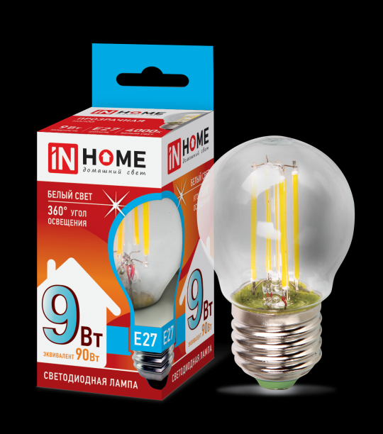 Лампа светодиодная LED-ШАР-deco 9Вт 230В Е27 4000К 1040Лм прозрачная IN HOME