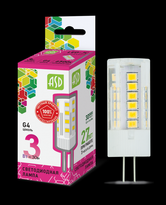 Лампа светодиодная LED-JC-standard 3Вт 12В G4 6500К 270Лм ASD