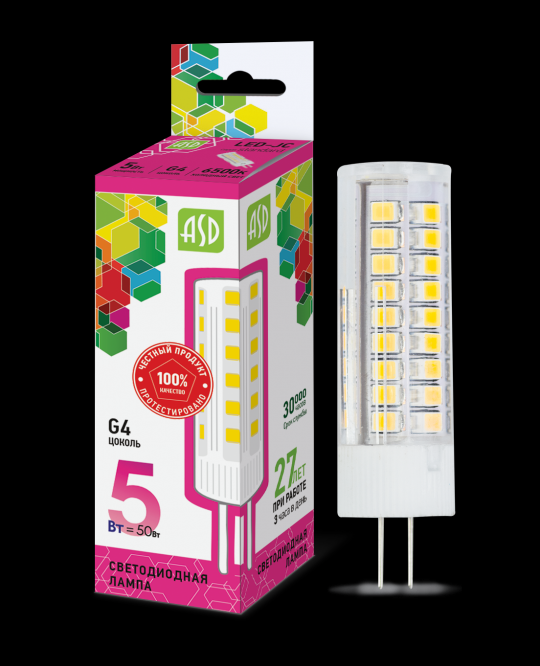 Лампа светодиодная LED-JC-standard 5Вт 12В G4 6500К 450Лм ASD
