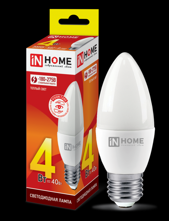 Лампа светодиодная LED-СВЕЧА-VC 4Вт 230В Е27 3000К 360Лм IN HOME