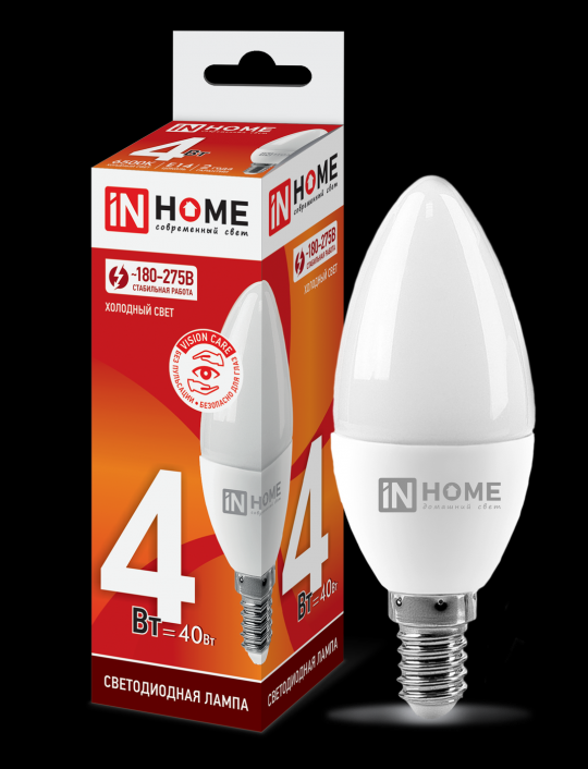 Лампа светодиодная LED-СВЕЧА-VC 4Вт 230В Е27 6500К 360Лм IN HOME