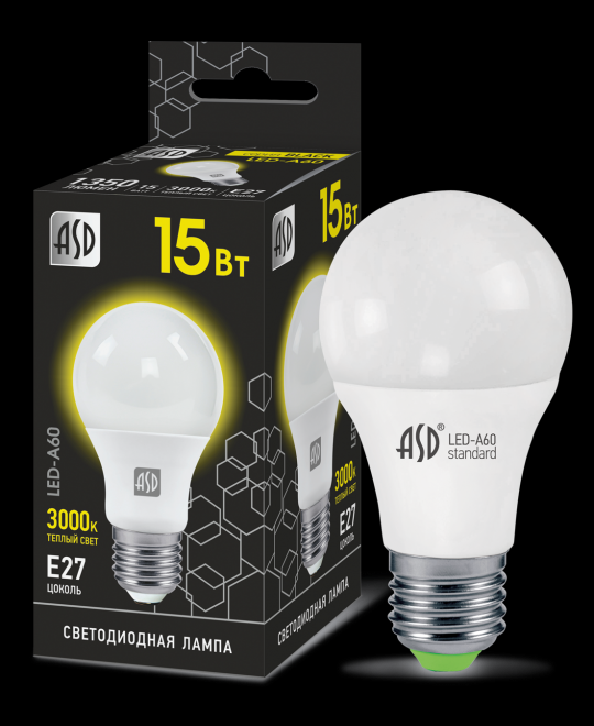 Лампа светодиодная LED-A60-black 15Вт 230В Е27 3000К 1350Лм ASD