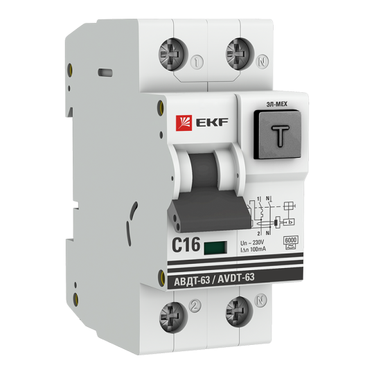 Дифференциальный автомат АВДТ-63 16А/100мА (характеристика C, эл-мех, тип А) 6кА EKF PROxima