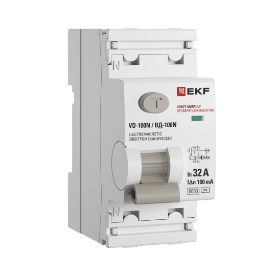 Выключатель дифференциального тока ВД-100N 2P 32А 100мА тип AC эл-мех 6кА PROXIMA EKF