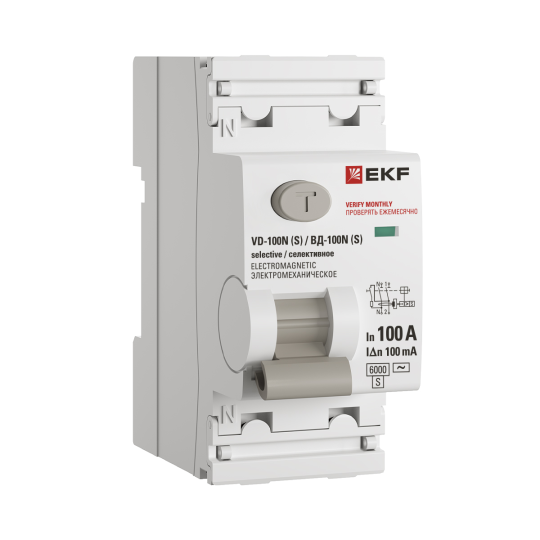 Выключатель дифференциального тока ВД-100N (S) 2P 100А 100мА тип AC эл-мех 6кА PROXIMA EKF
