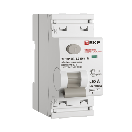 Выключатель дифференциального тока ВД-100N (S) 2P 63А 100мА тип AC эл-мех 6кА PROXIMA EKF
