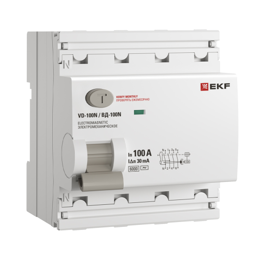 Выключатель дифференциального тока ВД-100N 4P 100А 30мА тип AC эл-мех 6кА PROXIMA EKF