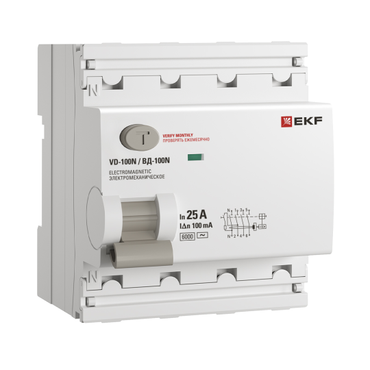 Выключатель дифференциального тока ВД-100N 4P 25А 100мА тип AC эл-мех 6кА PROXIMA EKF