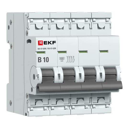Автоматический выключатель 4P 10А (B) 6кА ВА 47-63N EKF PROxima