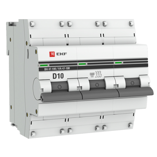 Автоматический выключатель 3P 10А (D) 10kA ВА 47-100M без теплового расцепителя EKF PROxima