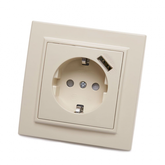 Розетка 1-местная с/з, STEKKER, PST16-9011-02 250В, 16А с защитной шторкой и с USB, серия Эрна, слоновая кость