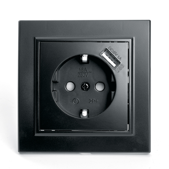 Розетка 1-местная c/з и с USB STEKKER, PST16-9011-03, 250В, 16А, с защитной шторкой, серия Эрна, черный