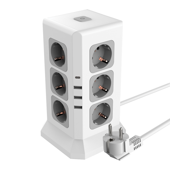 Удлинитель 12-местн с/з, 3x1мм2, 1.5 м,250В,16А, 3520Вт 3USB A + 1C 5V 3,4A, белый, серый серия Comfort HM10-61-01