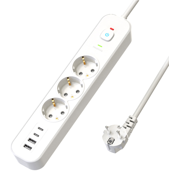 Сетевой фильтр 3-местный с/з STEKKER 3x1мм2, 3 м, 250В, 16А, 2 USB-A+2 Type-C 3, серия Nova, белый