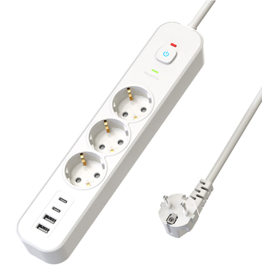 Сетевой фильтр 3-местный с/з STEKKER 3x1мм2, 5 м, 250В, 16А, 2 USB-A+2 Type-C 3, серия Nova, белый