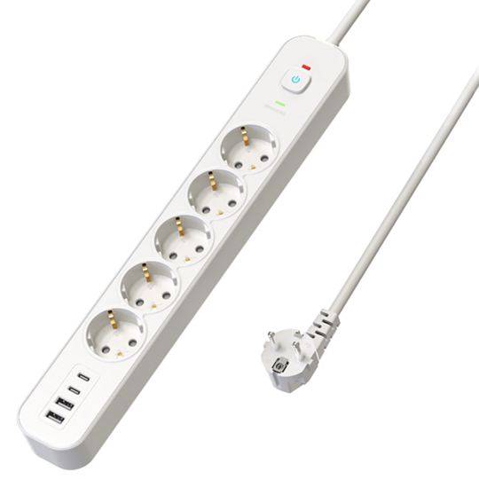 Сетевой фильтр 5-местный с/з STEKKER 3x1мм2, 5 м, 250В, 16А, 2 USB-A+2 Type-C 3, серия Nova, белый