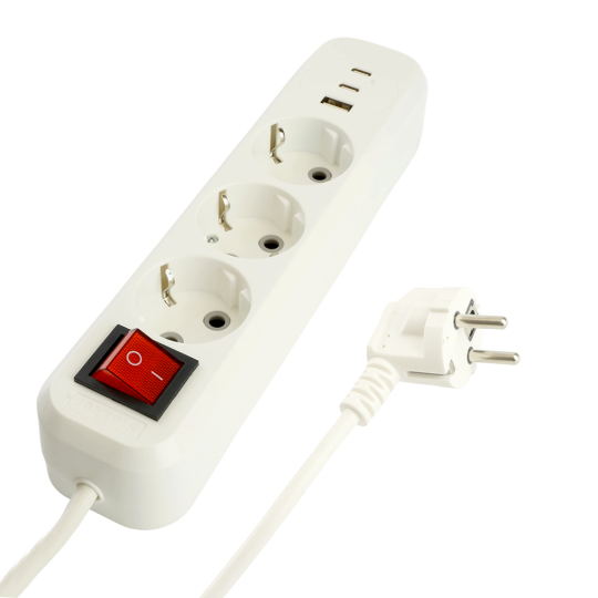 Удлинитель 3-местный с/з с выключ. STEKKER HM071-31-02 3x1мм2, 2м, 250В, 16А, 1USB+2C, 2.4A, сер Home, белый