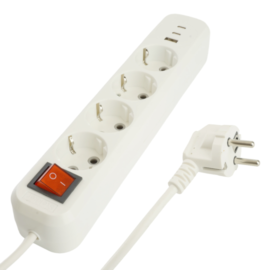 Удлинитель 4-местный с/з с выключ. STEKKER HM071-41-03 3x1мм2, 3м, 250В, 16А, 1USB+2C, 2.4A, сер Home, белый