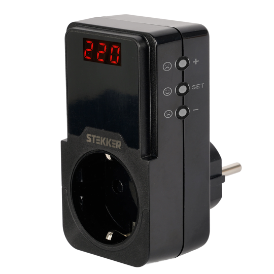 Реле напряжения для розетки регулируемое  STEKKER  VPR-200B, 230В,16A,черный