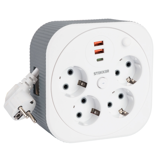 HM16-4-03-USB  Удлинитель 4-местный с/з, 3x1,5мм2, 3м, 230В, 16А, 2USB+1С, 2,4А,белый