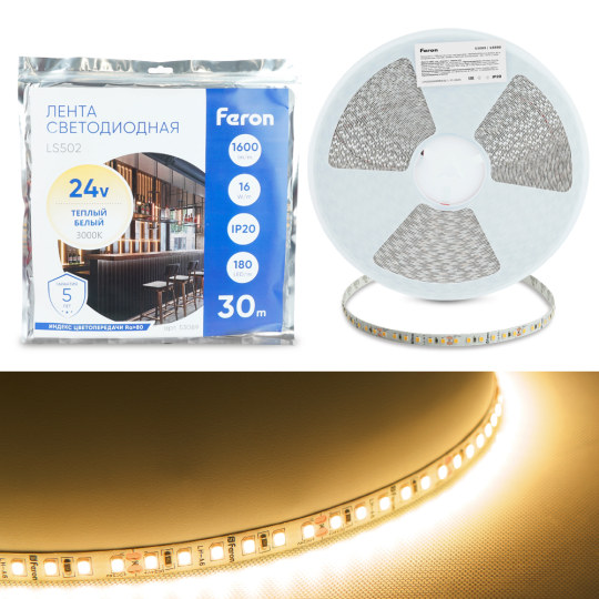 Светодиодная LED лента Feron LS502, 180SMD(2835)/м 16Вт/м 24V 30000*10*1.22мм 3000К 30м IP20