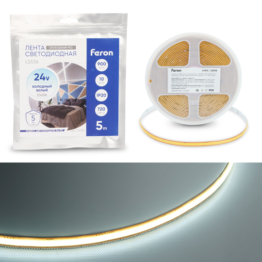 Лента светодиодная 720SMD(2110) 10Вт/м 24V 5000*8*1.8мм IP20 6500К, LS536 FERON СВОБОДНЫЙ РЕЗ