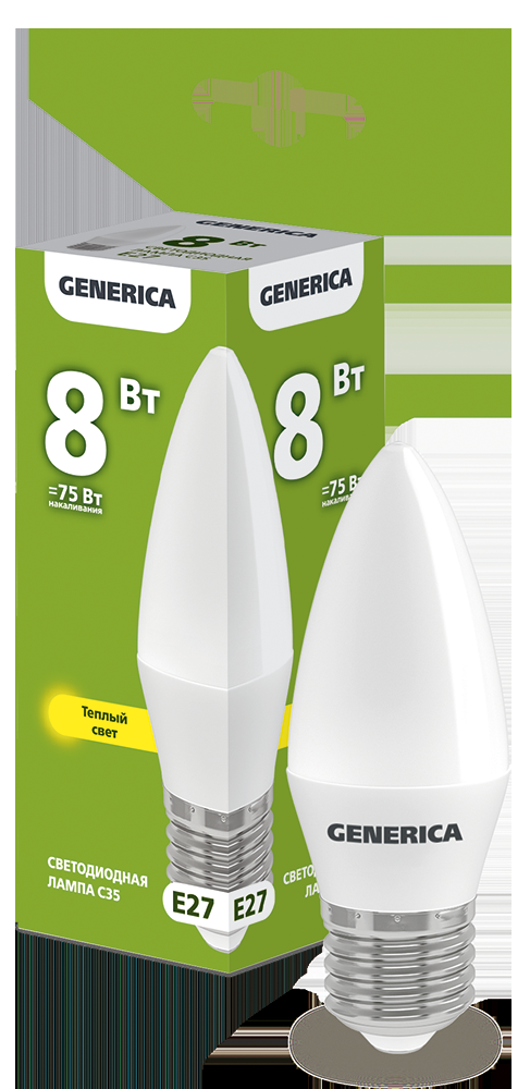 Лампа LED C35 свеча 8Вт 230В 3000К E27 GENERICA