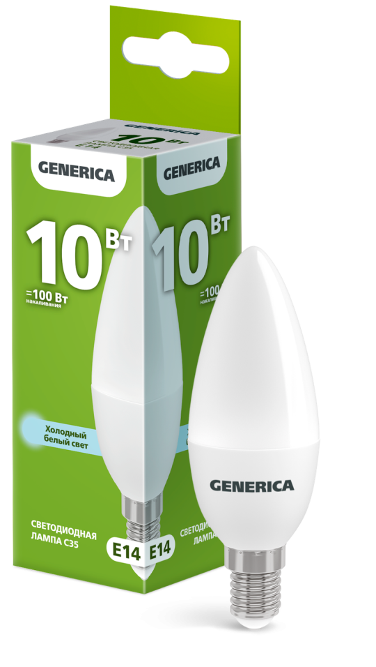 Лампа LED C35 свеча 10Вт 230В 6500К E14 GENERICA