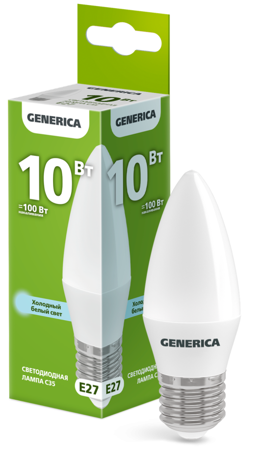 Лампа LED C35 свеча 10Вт 230В 6500К E27 GENERICA