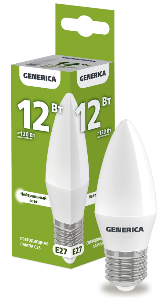 Лампа LED C35 свеча 12Вт 230В 4000К E27 GENERICA