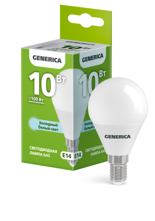 Лампа LED G45 шар 10Вт 230В 6500К E14 GENERICA