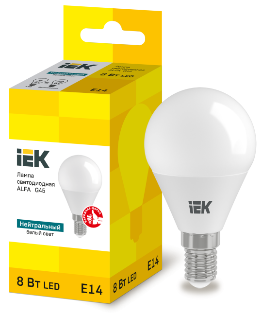 Лампа LED ALFA G45 шар 8Вт 230В 4000К E14 (6шт) IEK