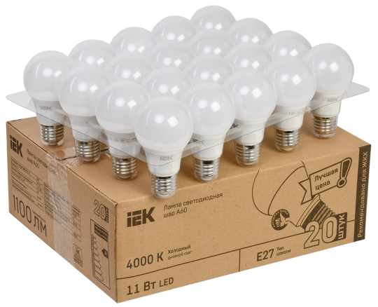 Лампа LED A60 груша 11Вт 230В 4000К E27 (20шт/жкхпак) IEK