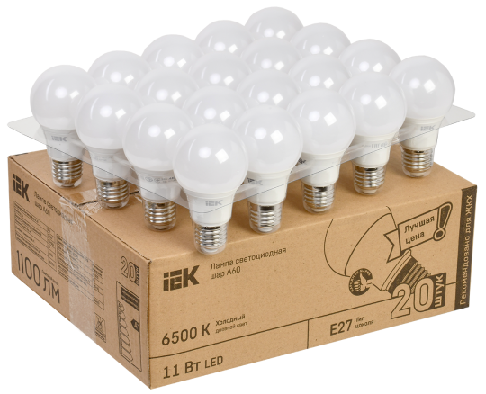 Лампа LED A60 груша 11Вт 230В 6500К E27 (20шт/жкхпак) IEK
