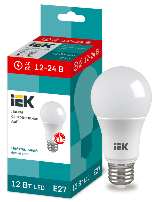 Лампа LED A60 груша 12Вт 12-24В 4000К E27 IEK