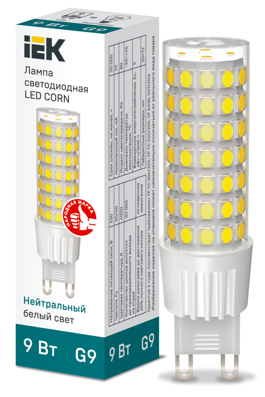 Лампа LED CORN капсула 9Вт 230В 4000К керамика G9 IEK