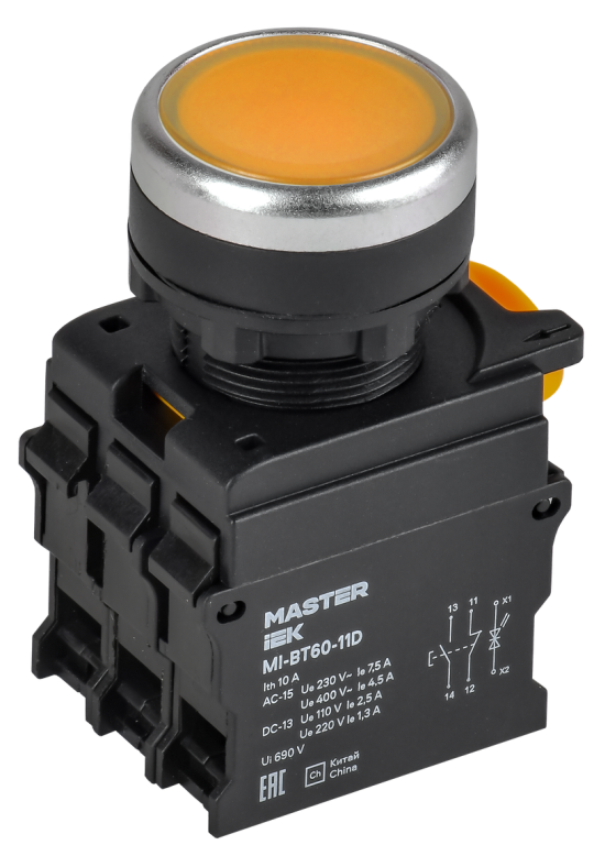 Кнопка с подсветкой d=22мм 1NO+1NC жёлтая MASTER IEK