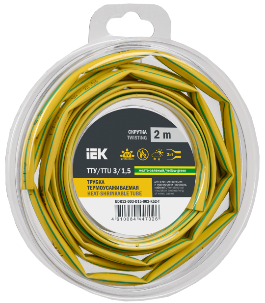 Трубка термоусадочная ТТУ нг-LS 3/1,5 жел-зел. (2м/упак) IEK
