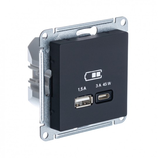 ATLASDESIGN USB РОЗЕТКА A + тип-C 45Вт высокоскор.заряд. QC, PD, мех., КАРБОН