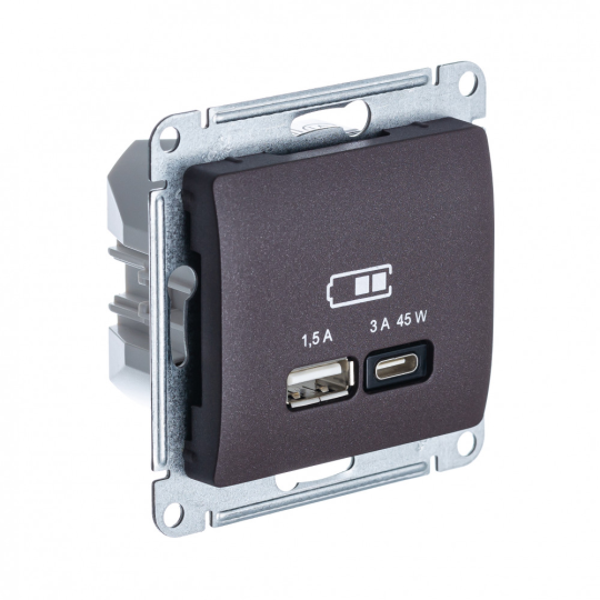 GLOSSA USB РОЗЕТКА А + тип-С 45Вт высокоскор.заряд. QC, PD, механизм, ШОКОЛАД
